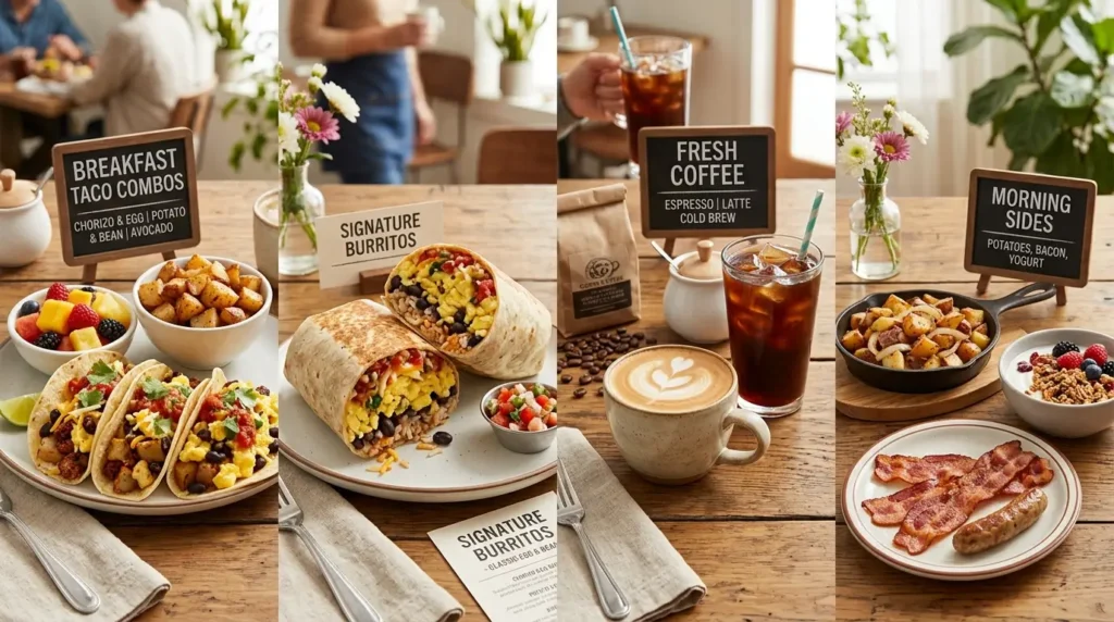 Breakfast Taco Combos, Burritos, Coffee & Morning Side Dishes