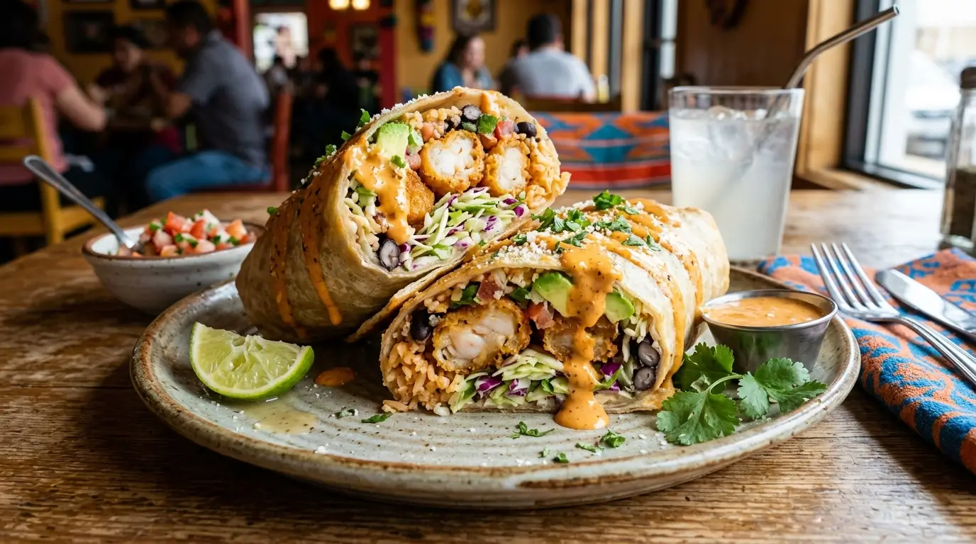 Fried Baja Shrimp Burrito with Chipotle Crema