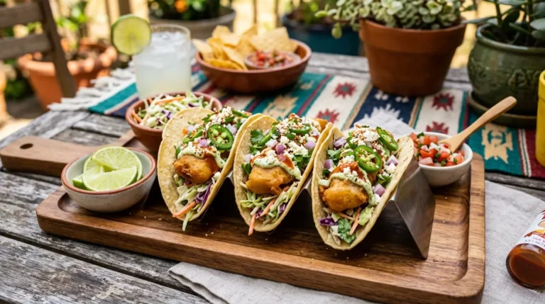 Crispy Fish Tacos with Creamy Homemade Slaw, Fresh Lime, and Flavorful Mexican-Style Toppings