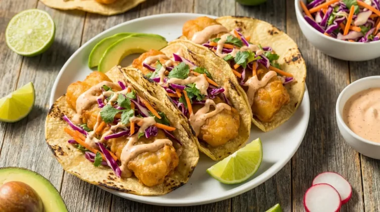 Crispy Cod Fish Tacos with Fresh Slaw, Creamy Sauce, and Homemade Tortillas